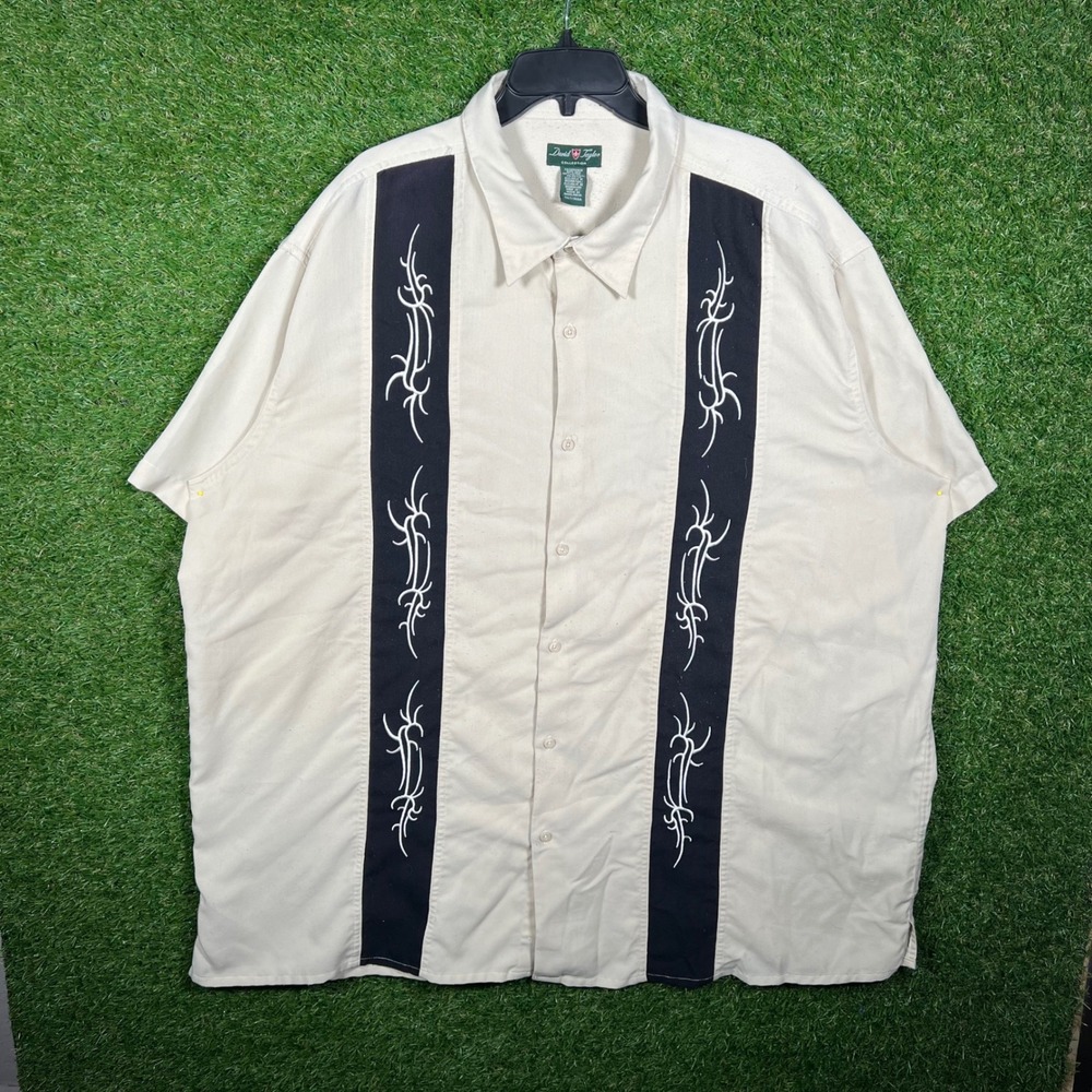 David Taylor Mens‎ 3XLT Bowling Shirt Cream Black Tribal Embroidered Button Up